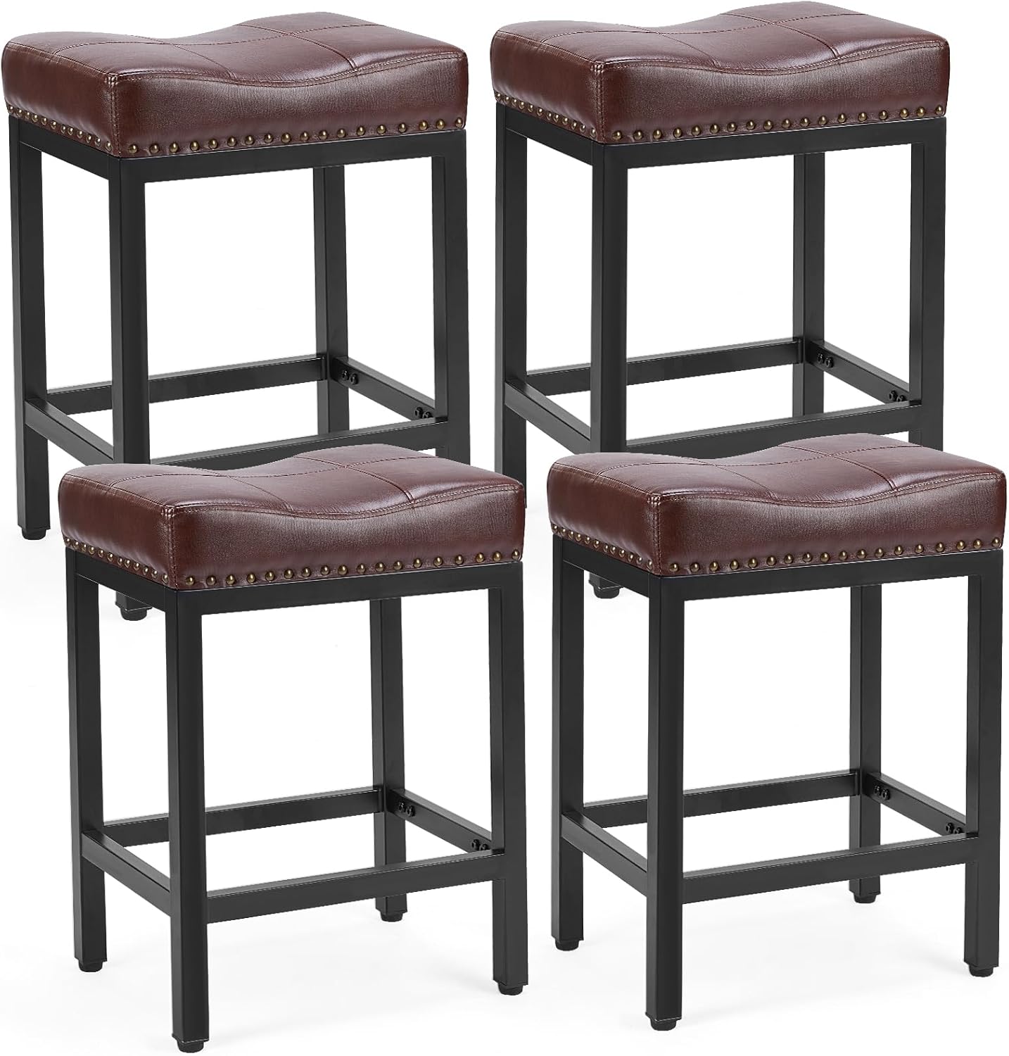 Saddle Bar Stools Set of 4, 24 Inch Counter Height Stools with Curved PU Leather Surface, 3.7 Thick Upholstery Bar Height Stools with Footrest for Kitchen Island, Dining, Cafe, Gray