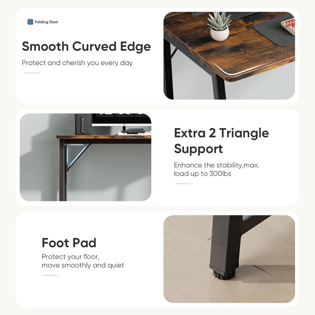 31.5 Inch Folding Desk, Foldable Computer Table for Small Spaces, Metal Frame Gaming Writing Work Station, Mini Home Office Surface, Rustic Brown
