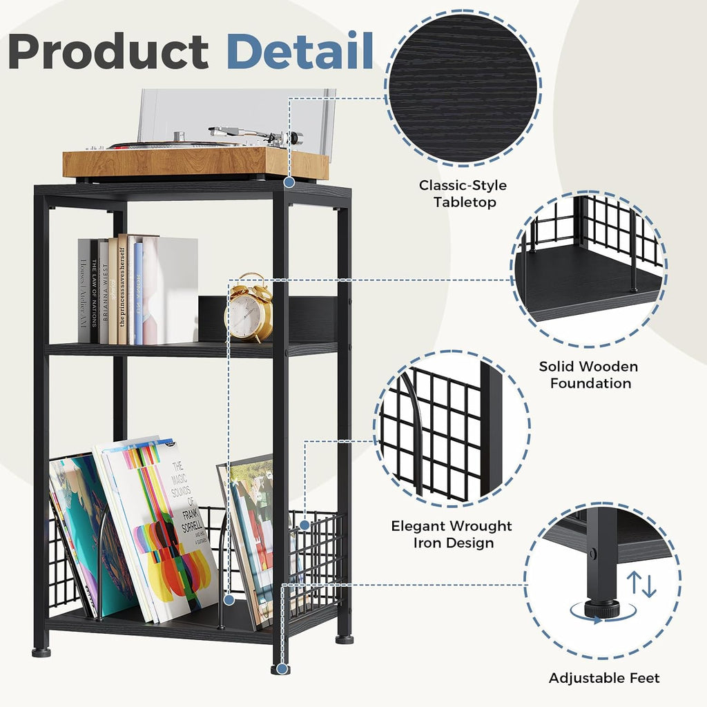 3 Tier Side Table, 2 Pack Record Player Stand with Storage Up to 100 Albums,Turntable Stand for Vinyl, Black Records Shelf for Living Room Bedroom