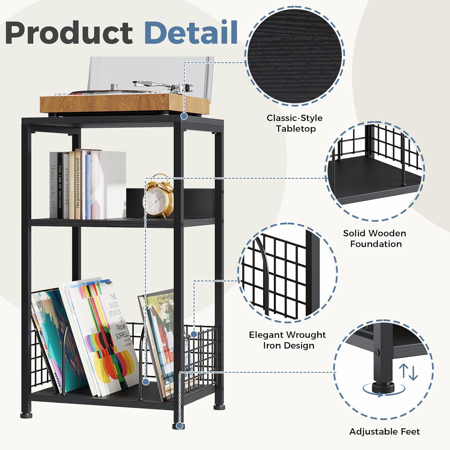 3 Tier Side Table, 2 Pack Record Player Stand with Storage Up to 100 Albums,Turntable Stand for Vinyl, Black Records Shelf for Living Room Bedroom