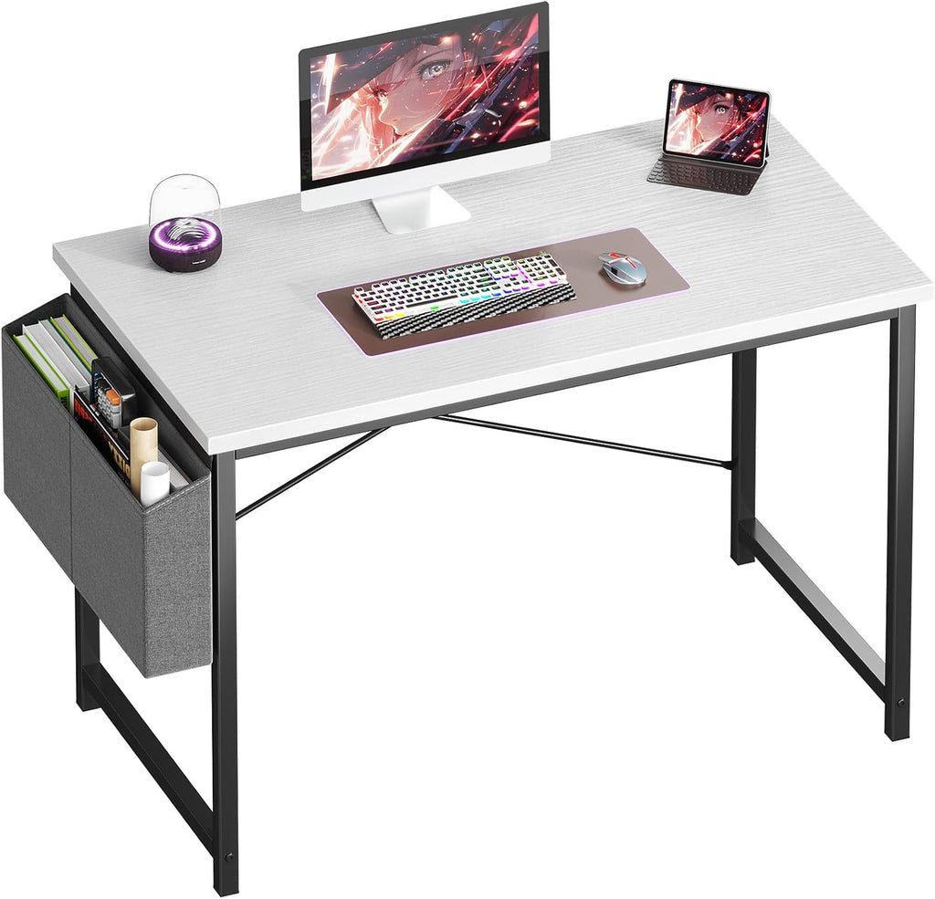 Computer Desk 31 Inch Home Office Desks for Small Spaces, Gaming Writing Study Work Table with Storage Bag for Bedroom, White