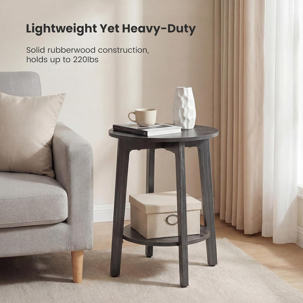 Small Round Side Tables Set of 2 for Living Room, 2-Tier Wood End Tables with Storage Shelf, 220 Lbs, Sturdy Bedside Nightstands with Non-Slip Pads, Easy Assembly, Grey