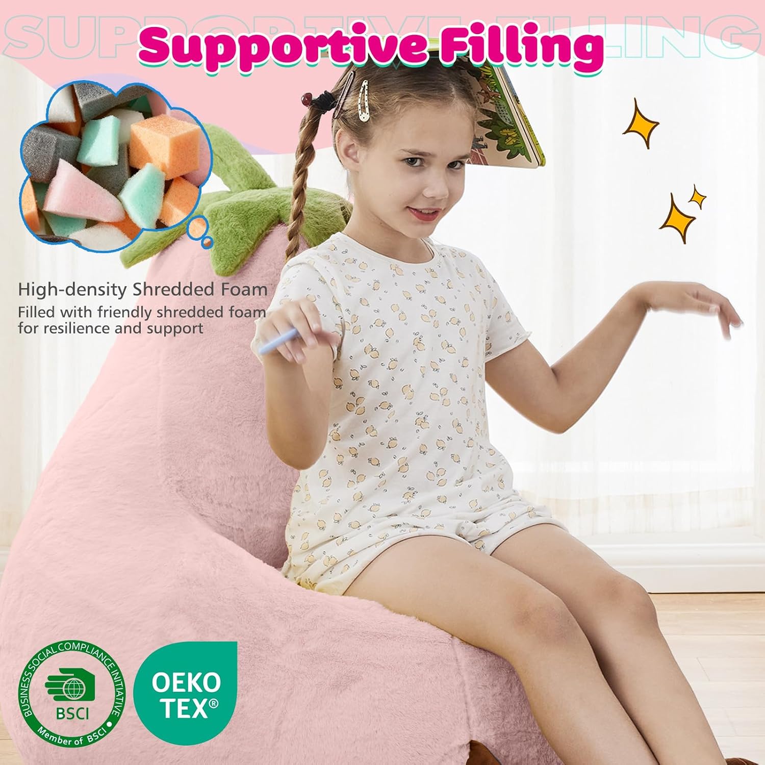 Kids Bean Bag Chair, Stuffed Toddler Couch with Faux Rabbit Fur Cover for Teens & Kids, Comfy Lazy Sofa Chair for Reader, Living Room, Bedroom, Aged 4-12 Years, 24 Inch, Pink