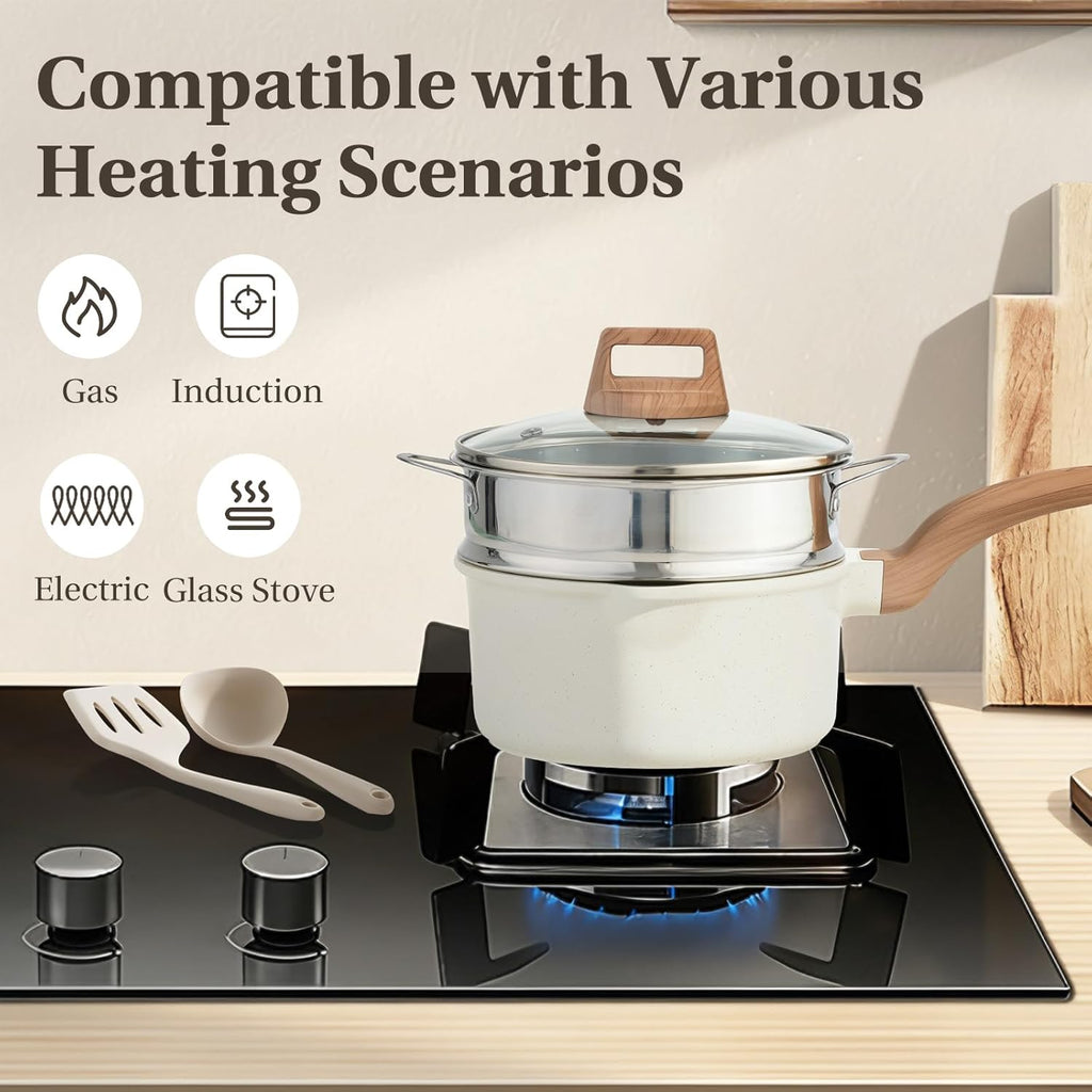 25 Pcs Pots and Pans Set, Nonstick Kitchen Cookware Set, Induction Cooking Sets with Stay-Cool Handles, Milky White