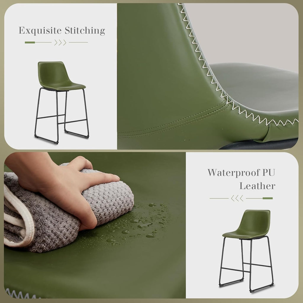 26 Inch Counter Height Bar Stools Set of 4, Modern Faux Leather High Barstools with Back and Metal Leg, Bar Chairs for Kitchen Island, Green