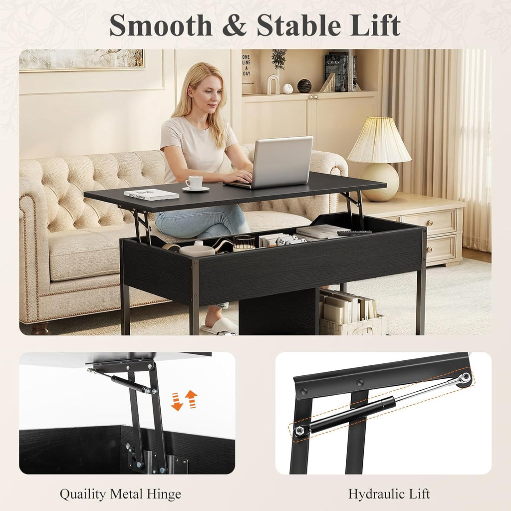 Lift Top Coffee Table with Storage 39 Center Table with Hidden Compartment & 2 Shelves Farmhouse, Wood Coffee Table for Living Room with Sturdy Lift-Top Adjustable Feet Rust Dark