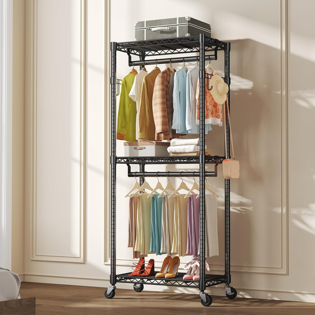 Portable Closet, Rolling Clothes Rack, 29 x 15 x 75 Wardrobe Closet with Adjustable Shelves, Metal Garment Rack with Lockable Wheel, for Cloakroom, Bedroom Storage, Laundry Room, Black