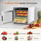 Food Dehydrator Machine, 500W Jerky Dehydrators with 8 Stainless Steel Large Trays, 185??F Temperature Control & 24H Timer Food Dryer for Fruit Meat Herb Dog Treats, Silver