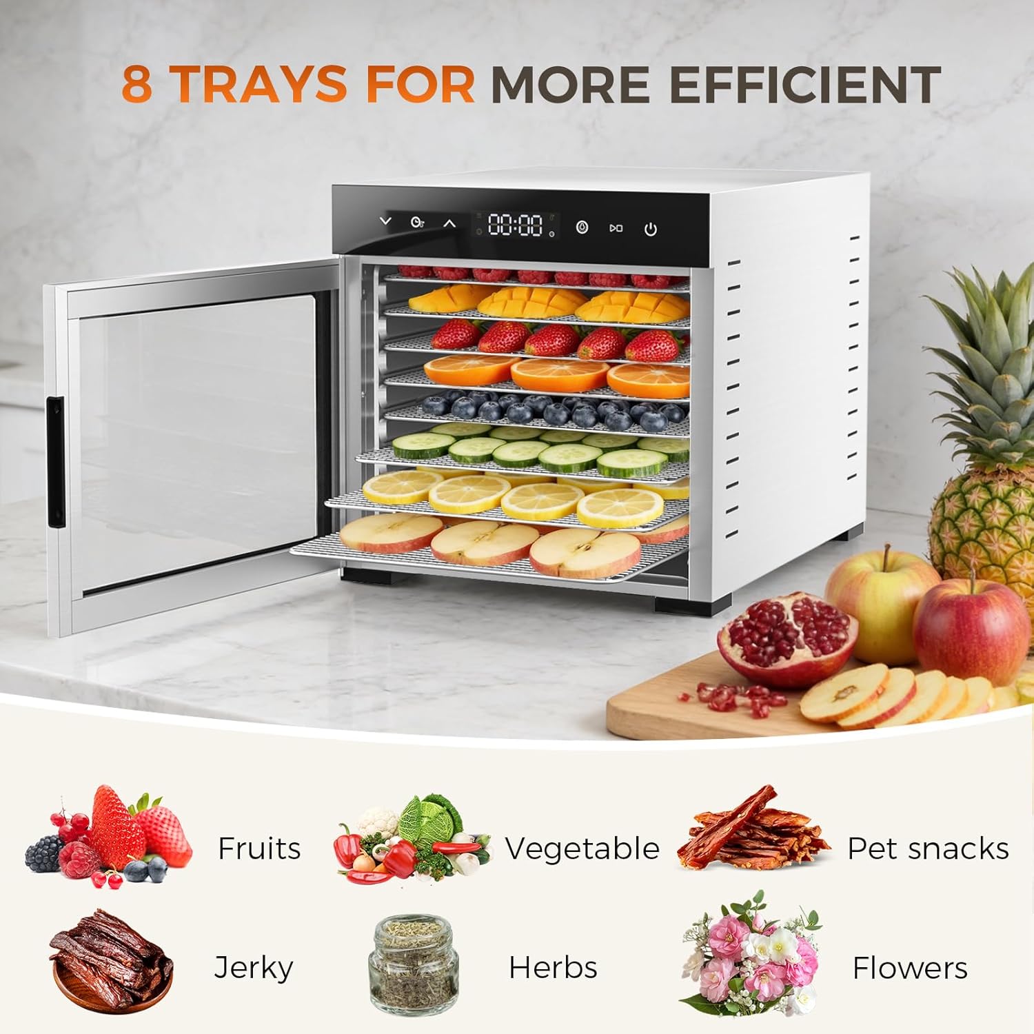 Food Dehydrator Machine, 500W Jerky Dehydrators with 8 Stainless Steel Large Trays, 185??F Temperature Control & 24H Timer Food Dryer for Fruit Meat Herb Dog Treats, Silver