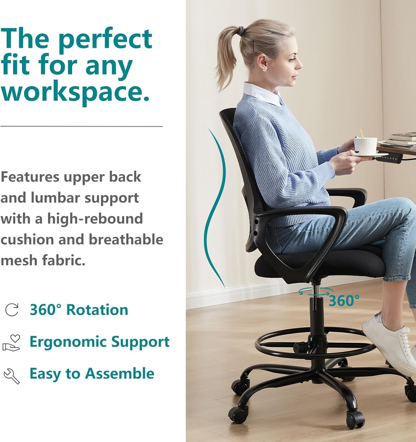 Drafting Chair - Counter Height Adjustable Tall Office Desk Chair with Fixed Armrests and Comfortable Lumbar Support for Standing Desk, Deep Black