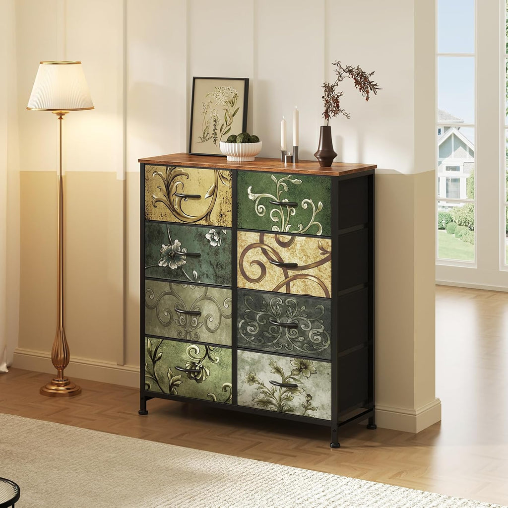 TV Stand Dresser with 8 Fabric Storage Drawers, Media Console Featuring Open Shelf for 45 inch TV, Compact Entertainment Unit for Bedroom, Living Space, or Dorm Organization, Flower Pattern