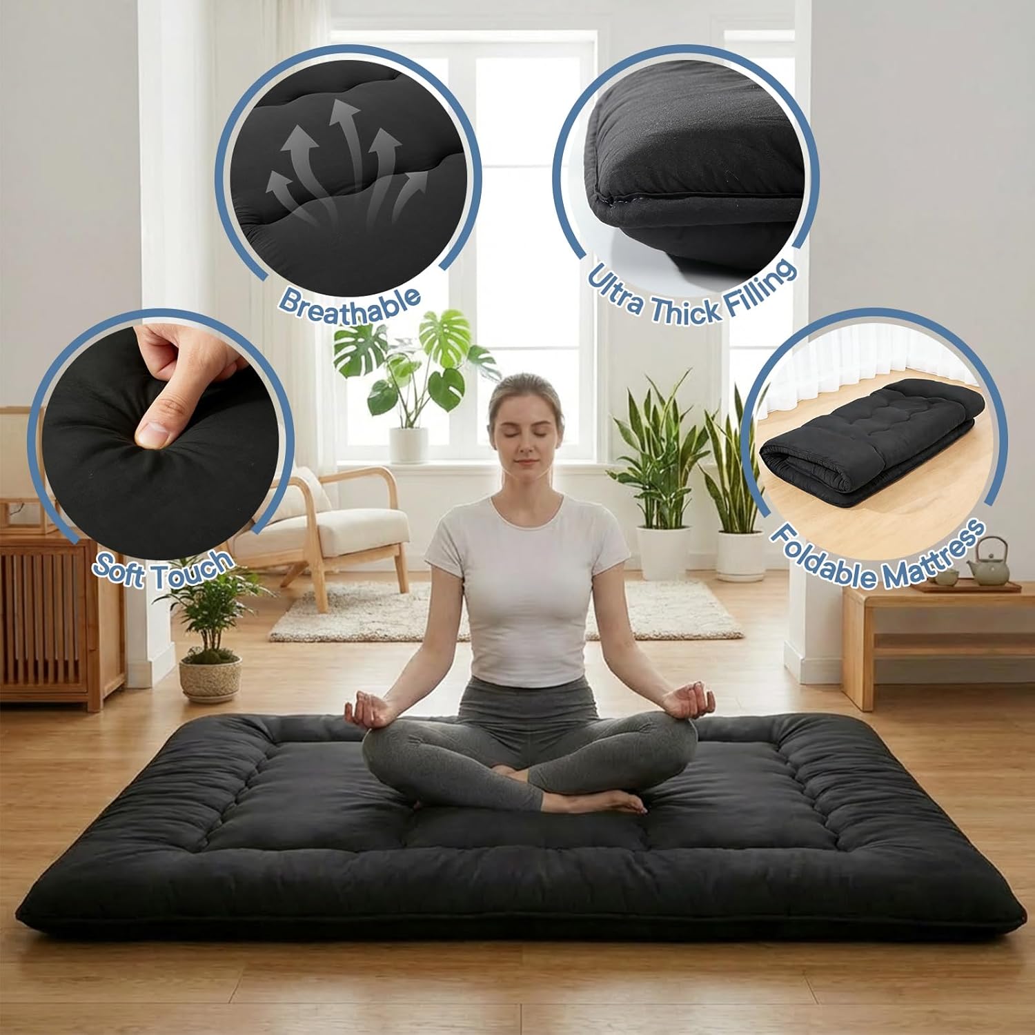 Japanese Floor Mattress Queen Size, Futon Mattress Foldable with Removable Washable Cover, Portable Roll Up Tatami Mat for Small Bedroom, Couples, Family Movie Night and Home Use, Black