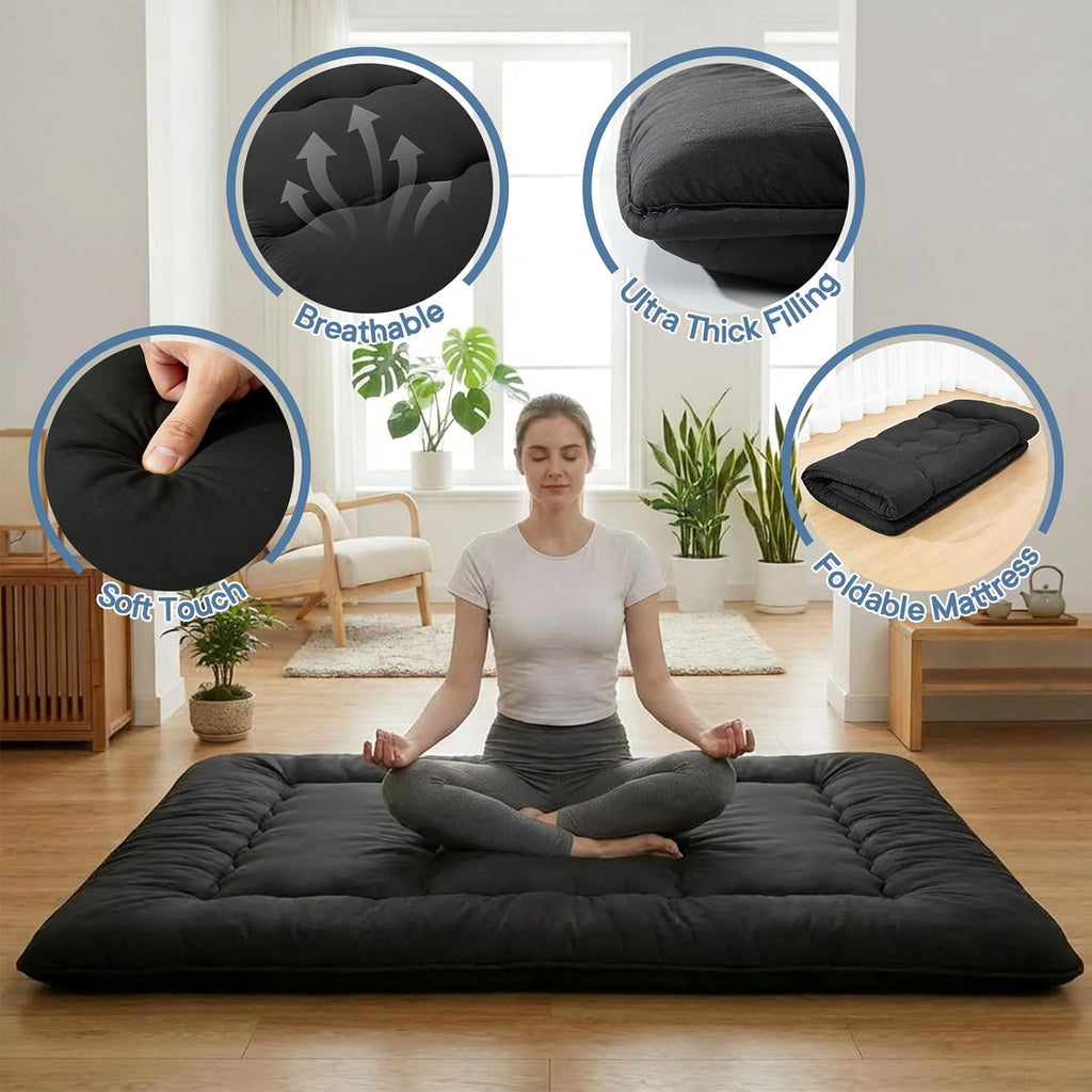 Japanese Floor Mattress Twin Size, Futon Mattress Foldable with Removable Washable Cover, Portable Roll Up Tatami Mat for Kids Room, Dorm, Sleepovers and Solo Sleeper, Black