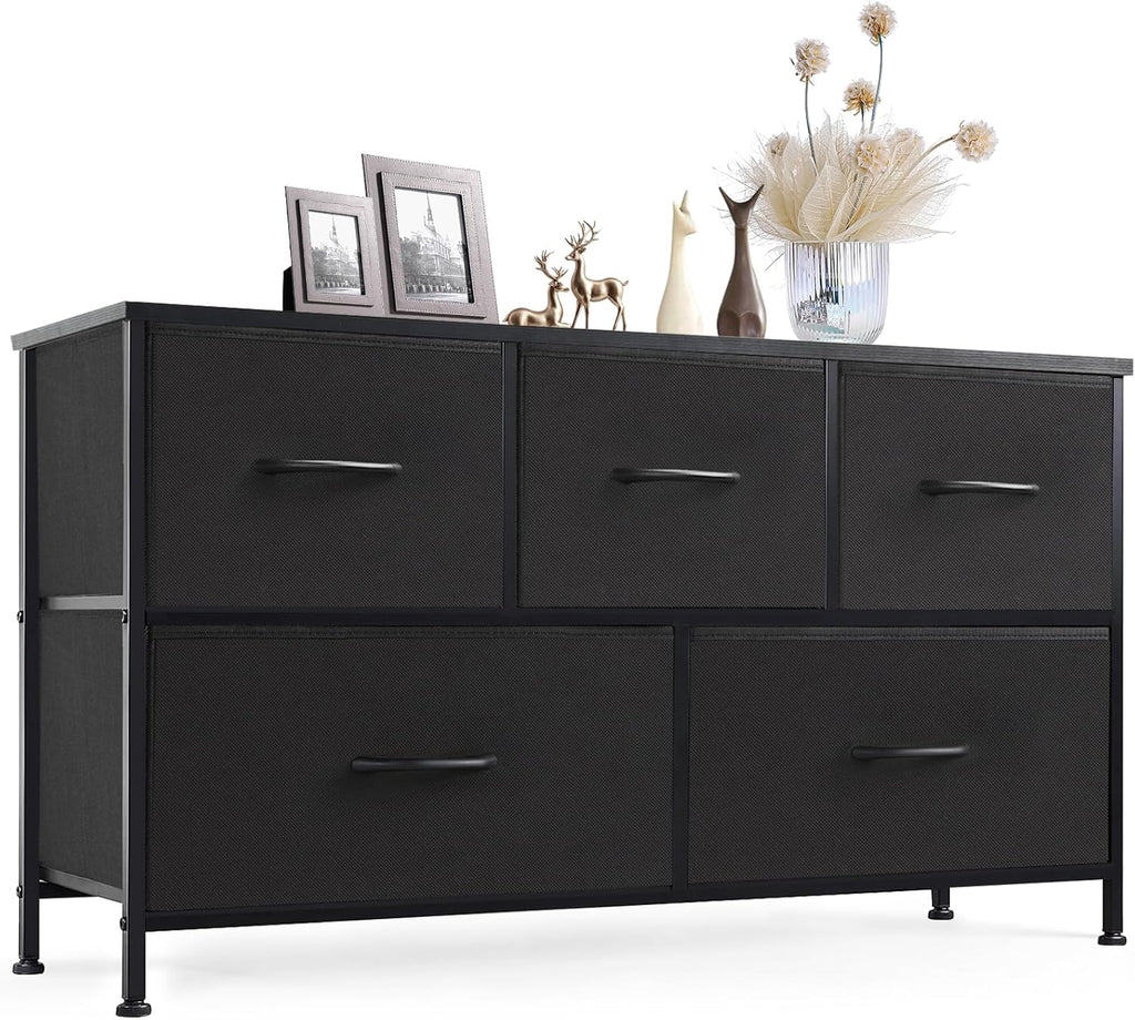 Dresser for Bedroom with 9 Storage Drawers, Large Fabric Storage Tower Organizer, Chest of Drawers with Metal Frame Wooden Top for Closet, Living Room, Entryway, Brown