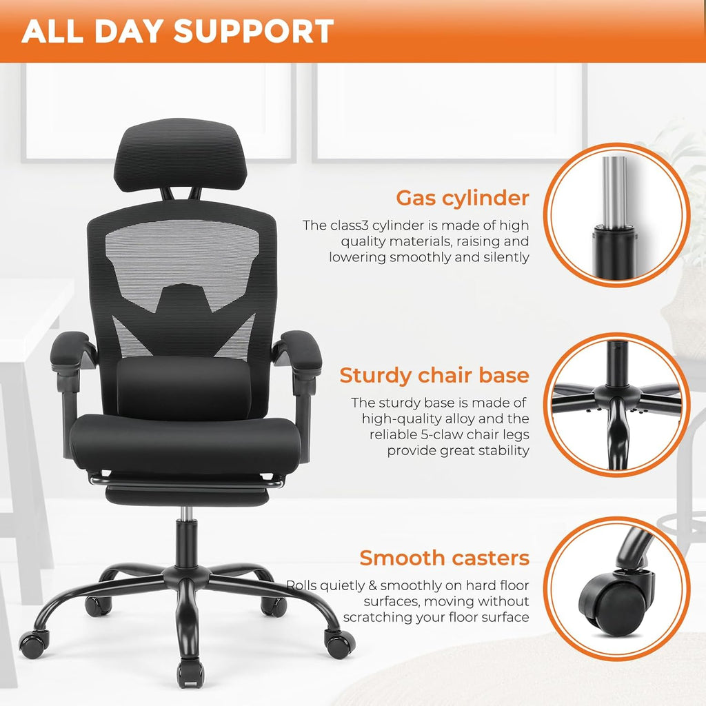 Office Computer Desk Chair, Ergonomic High-Back Mesh Rolling Work Swivel Chairs with Wheels, Comfortable Lumbar Support, Comfy Arms for Home, Bedroom, Study, Student, Black