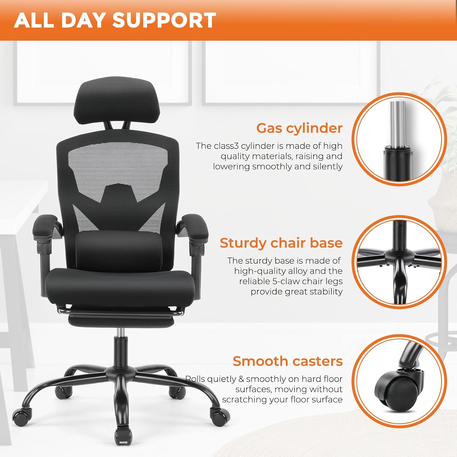 Office Computer Desk Chair, Ergonomic High-Back Mesh Rolling Work Swivel Chairs with Wheels, Comfortable Lumbar Support, Comfy Arms for Home, Bedroom, Study, Student, Black