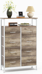 TV Stand, Dresser with 8 Fabric Drawers, Spacious Storage Tower for Closet, TV Stand with Wood Top and Mental Frame, Storage Unit for Living Rooms, Bedroom and Entryway, White