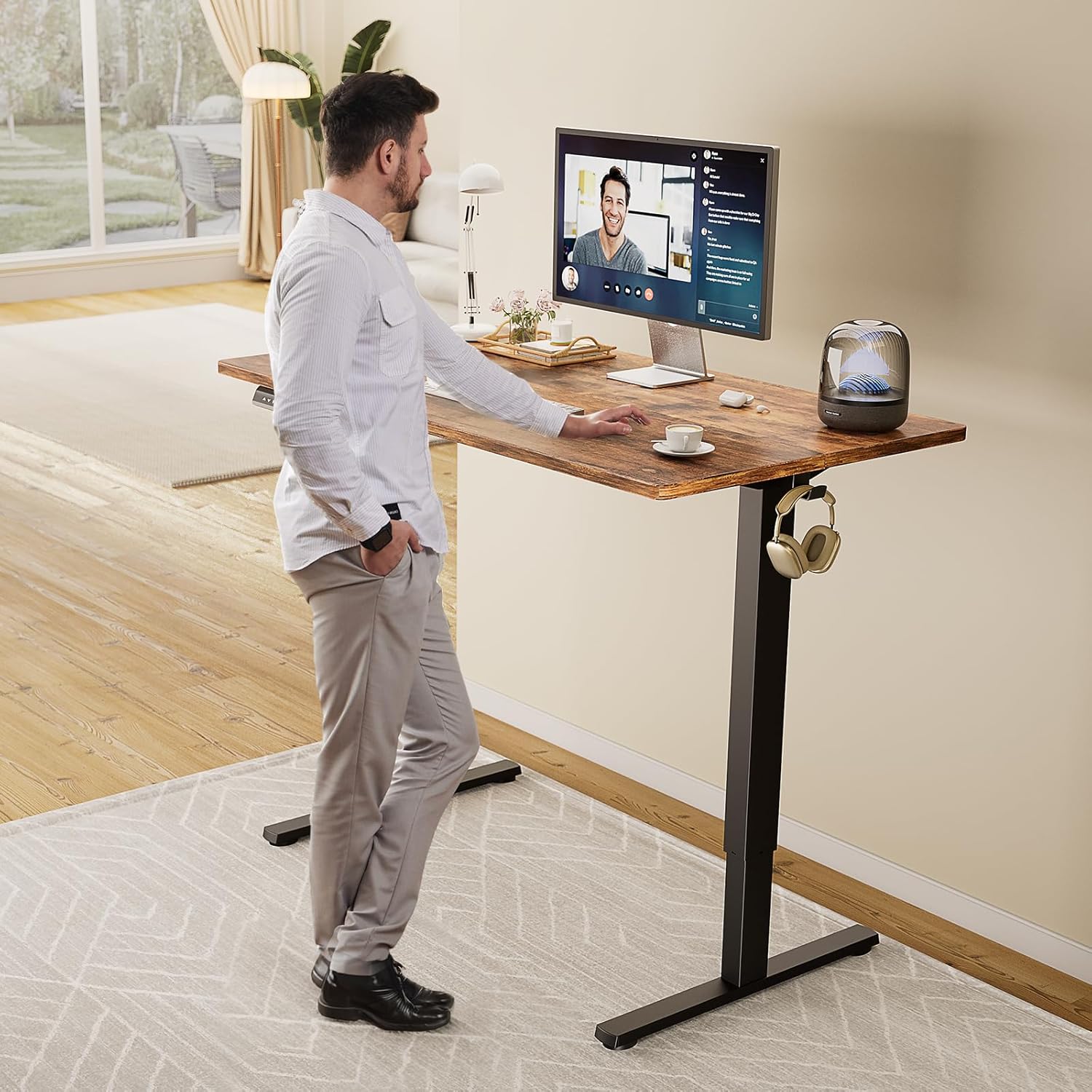 Electric Standing Desk Adjustable Height, 48x24 Inch Sit Stand Up Home Office Desks Memory Computer Workstation PC Work Table with Preset Splice Wood Board Metal Frame, Rustic