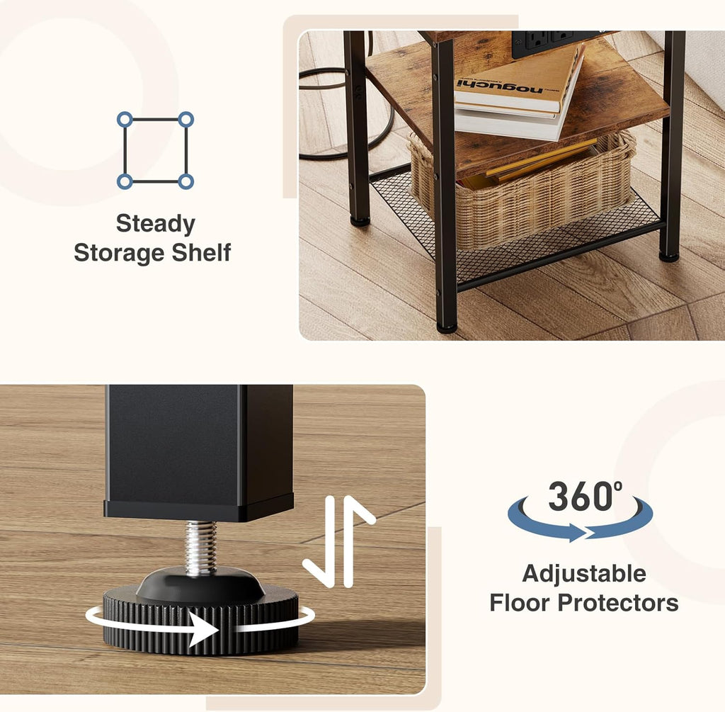 15.7 Small Side Table with Charging Station, End Table with Outlets & USB Ports, 3-Tier Adjustable Storage Nightstand for Living Room, Bedroom, Small Spaces, Record Player Stand, Rustic Brown