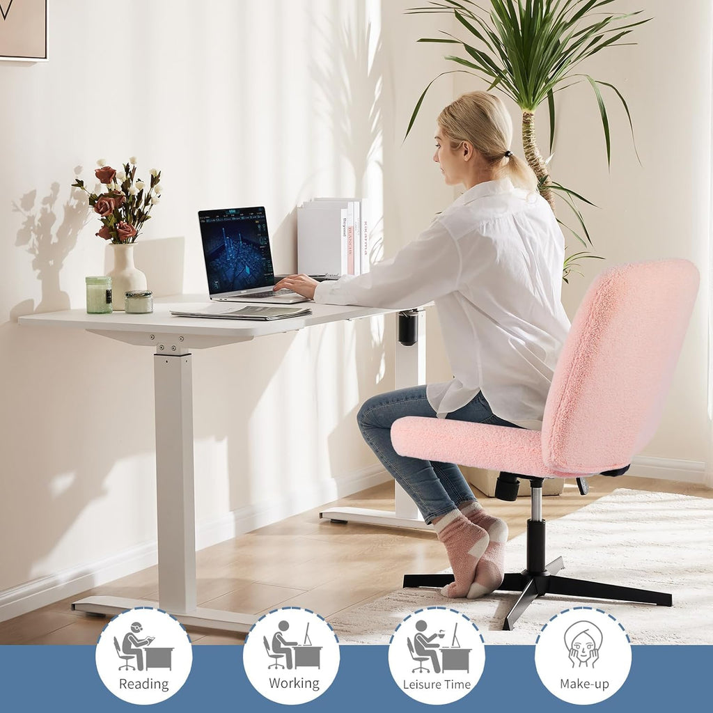 Criss Cross Chair No Wheels, Legged Office Desk Armless Chiar Wide Seat, Adjustable Swivel Teddy Fabric Task Vanity Chairs for Home Bedroom, Pink