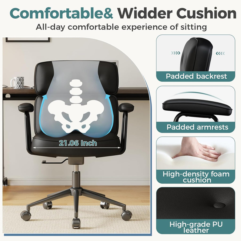 Ergonomic Home Office Desk Chair, PU Leather Computer Chair with Lumbar Support Adjustable Height Rolling Swivel Executive Task Armrests Chair, Inky