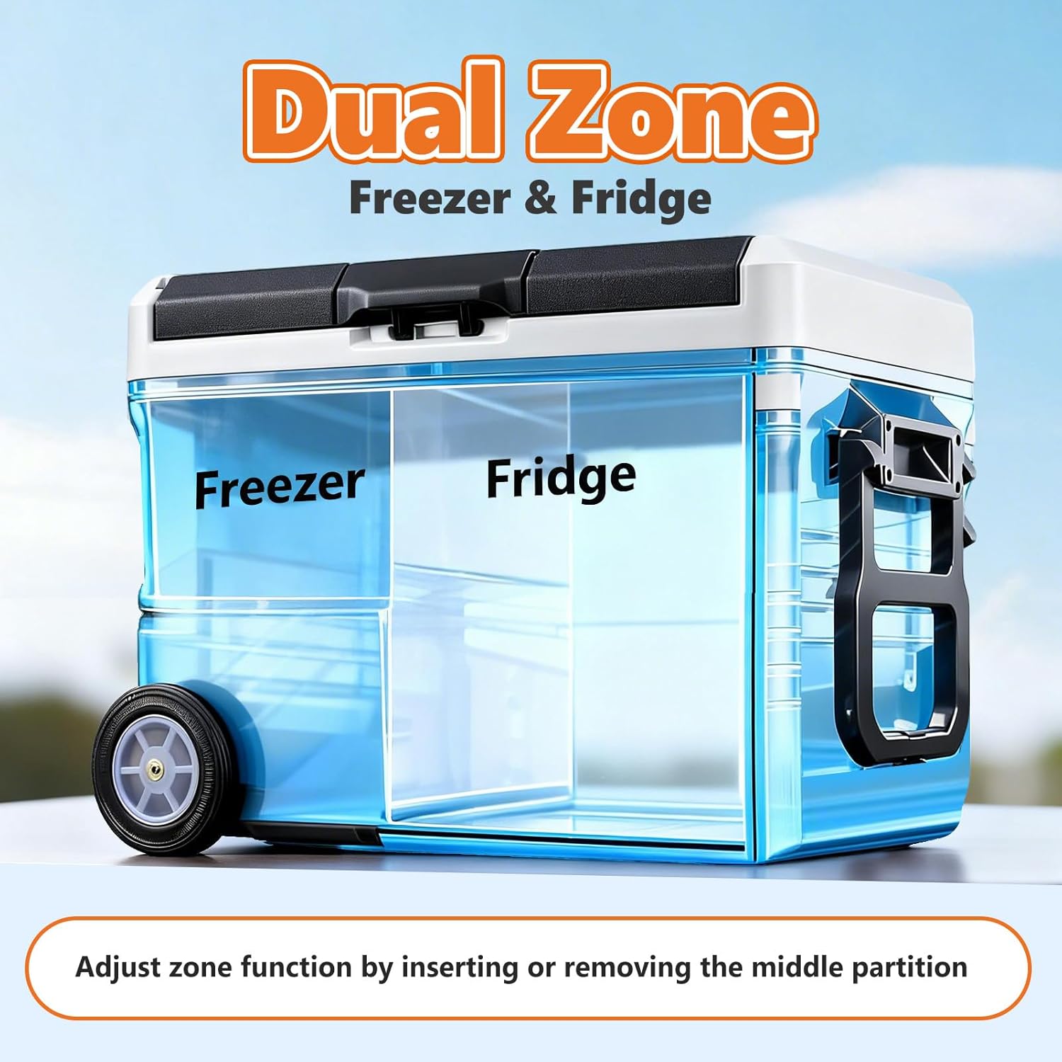 Portable Car Refrigerator, 53QT Dual-Zone Electric Cooler for Vehicles with Wheels & Cutting Board, -4?H-68?H Freezer Smart Control via Bluetooth, Battery Protection, 12/24V DC & 100-240V AC