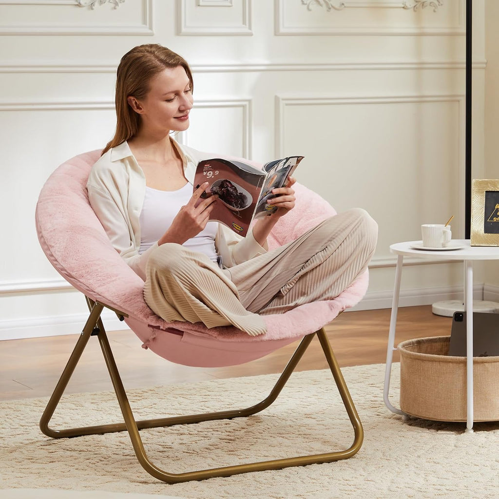Comfy Saucer Chair,Faux Fur Lounge Seasting XL Circle Chair for Bedroom, Dorm & Gaming, Foldable Fashion Accent Seat for Small Spaces, Folding Moon/Mushroom/Round Oversized Style,Hot Pink