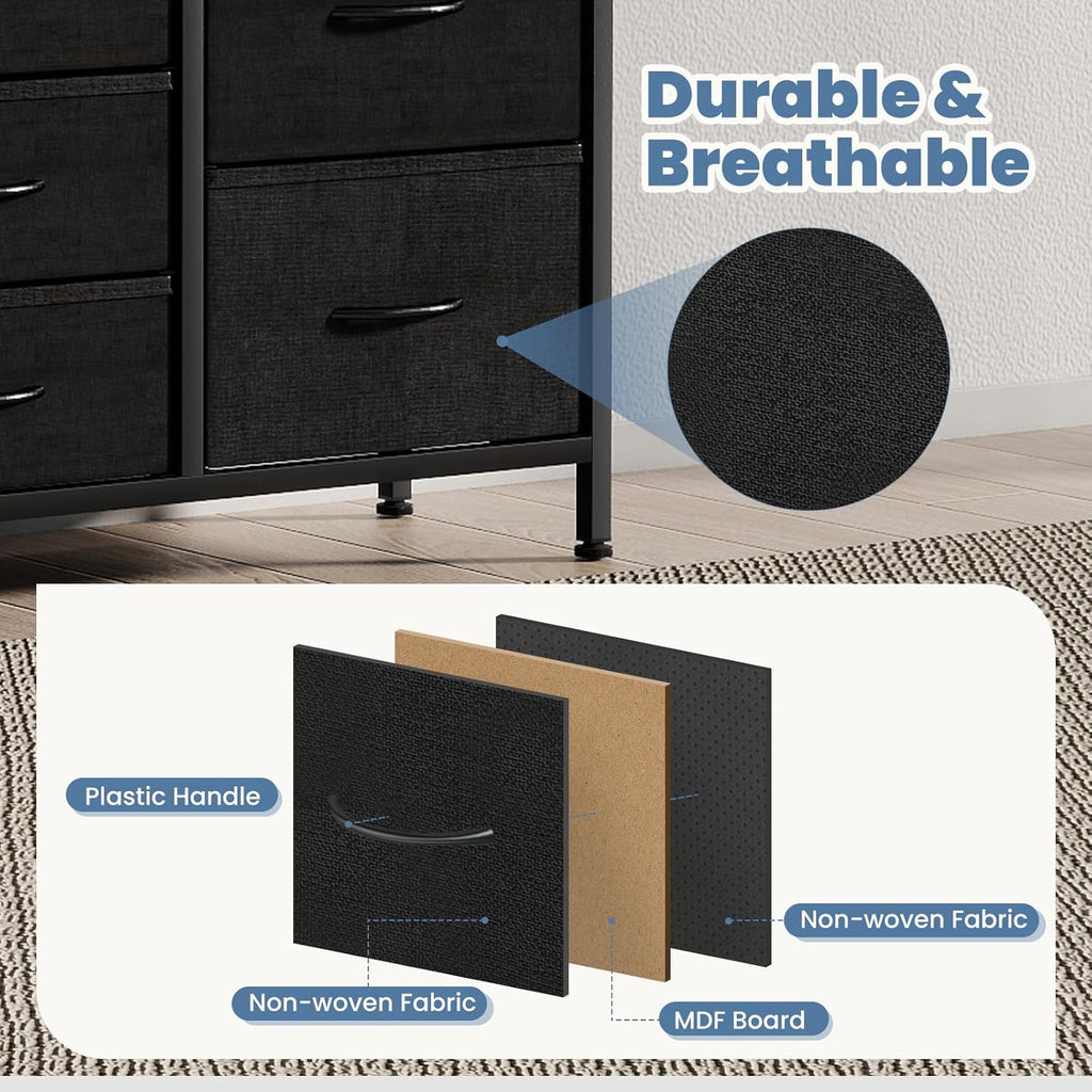 TV Stand 7 Drawer Dresser for Bedroom with Storage TV Stands for Living Room Black, Farmhouse Entertainment Center Media Console Table with Metal Frame Adjustable Feet
