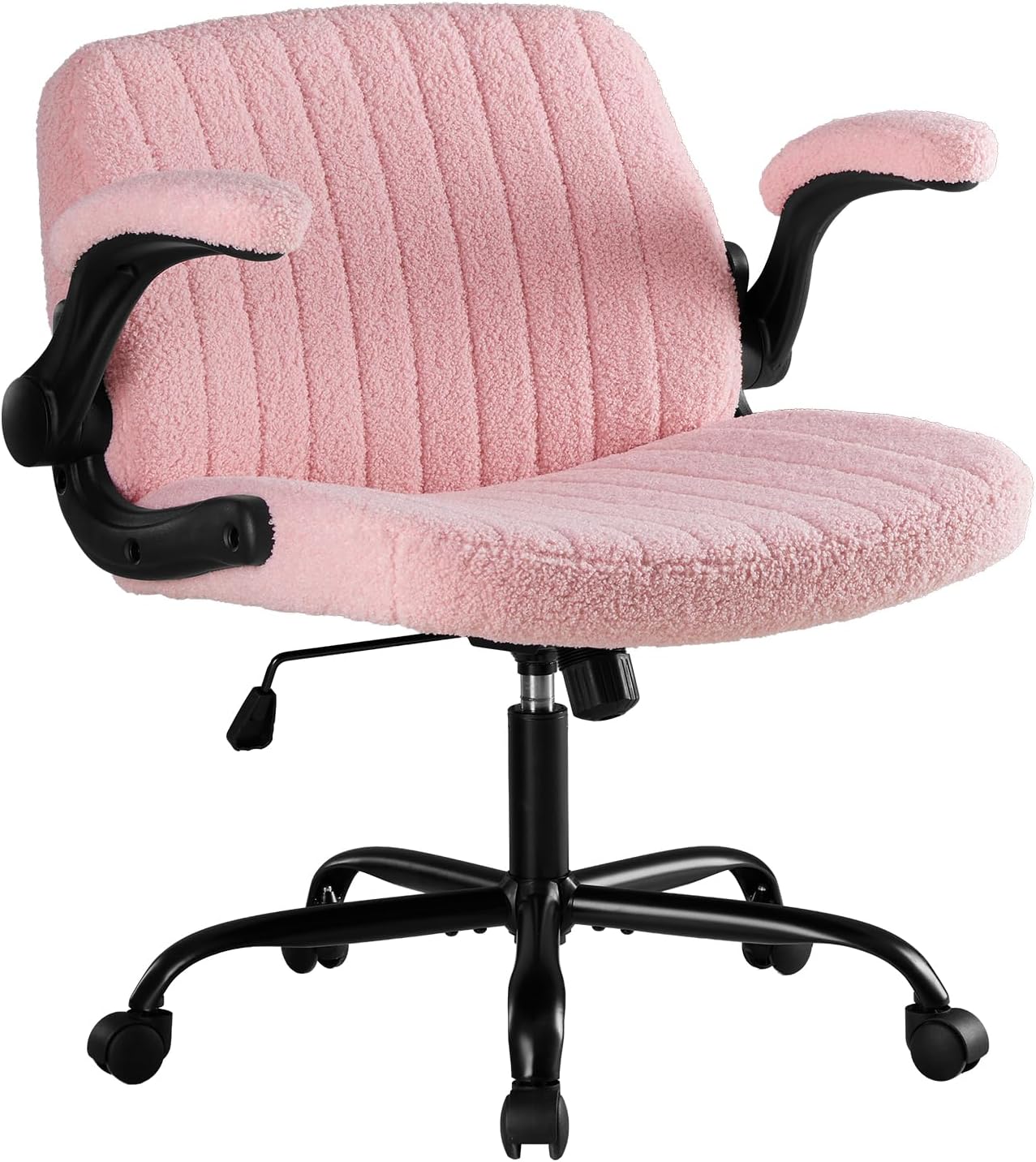 Criss Cross Office Chair with Wheels, Wide Cross Legged Desk Vanity Chair Comfy Fabric Flip-Arms Adjustable Swivel Chairs for Home Computer Bedroom, Teddy Pink