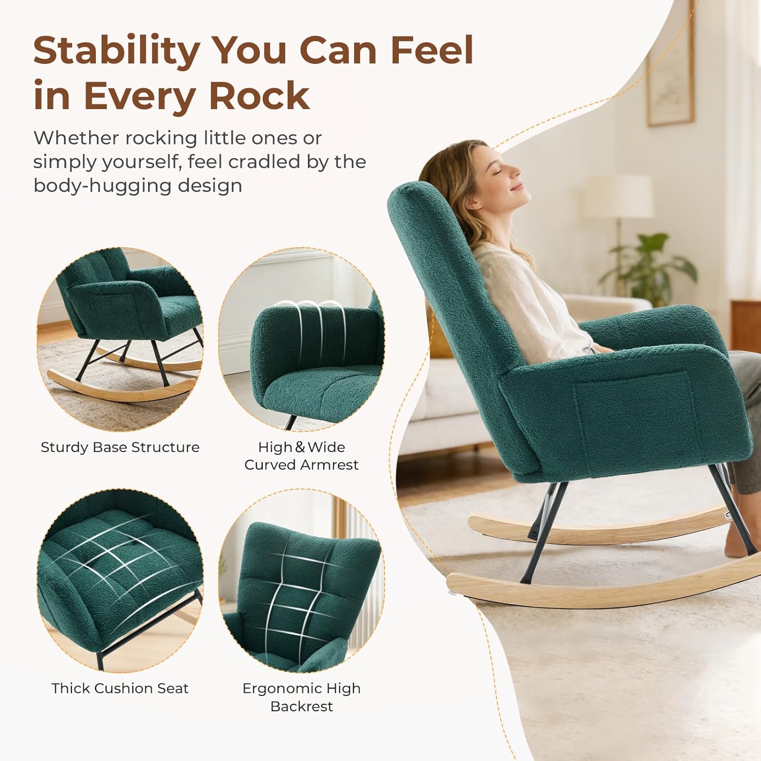 Nursery Rocking Chair Teddy Upholstered, Comfy Glider Rocker with High Backrest Armchair Padded Seat, Accent Side Chair for Living Room Bedroom Offices Small Spaces Indoor, Green