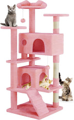 54-inch Indoor Cat Tree Tower ?CMulti-Level Pet House for Large Cats with 2 Condos, Scratching Posts, Round Platform, Small Ladder, and Toys, Beige