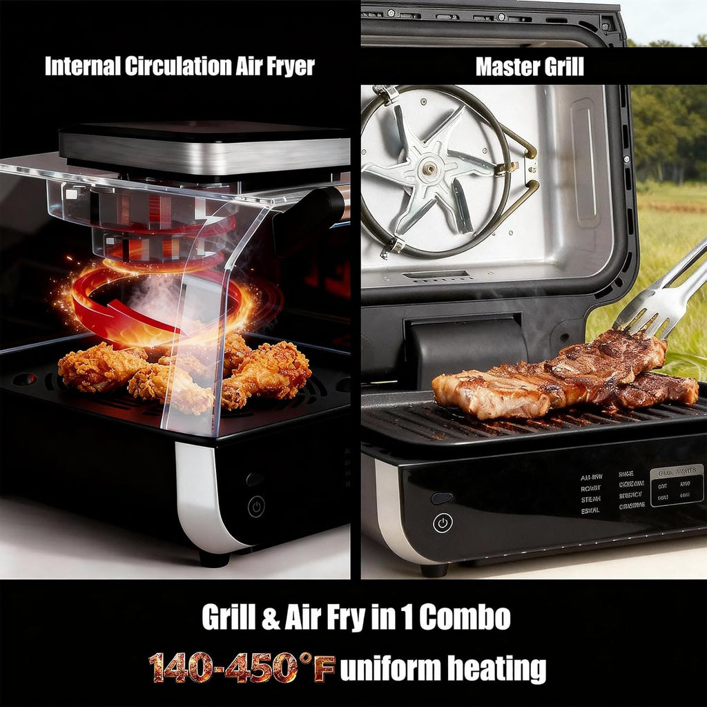 Electric Grill Outdoor/Indoor, 8-in-1 Multifunctional Large Electric BBQ Grill for Air Fry, Bake, Roast, Steak, Broil and Dehydrate, Safe Non-Stick Coating, Fry Basket Included