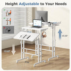 Split Top Rolling Standing Desk, 23.6 Inch Mobile Laptop Computer Desk, Manual Adjustable Height Workstation on Wheels, Sit Stand Office Table, Walking Pad Study Desk, White