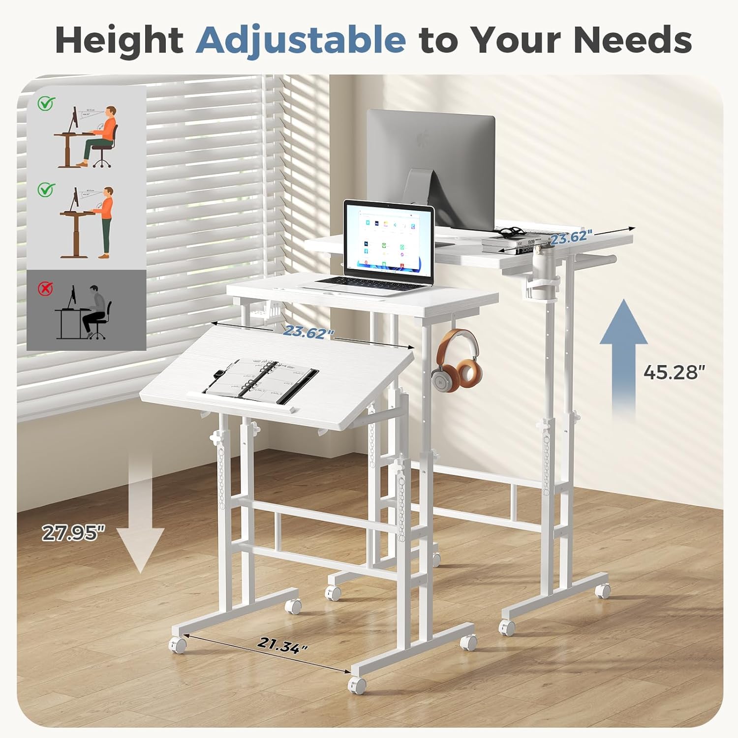 Split Top Rolling Standing Desk, 23.6 Inch Mobile Laptop Computer Desk, Manual Adjustable Height Workstation on Wheels, Sit Stand Office Table, Walking Pad Study Desk, White