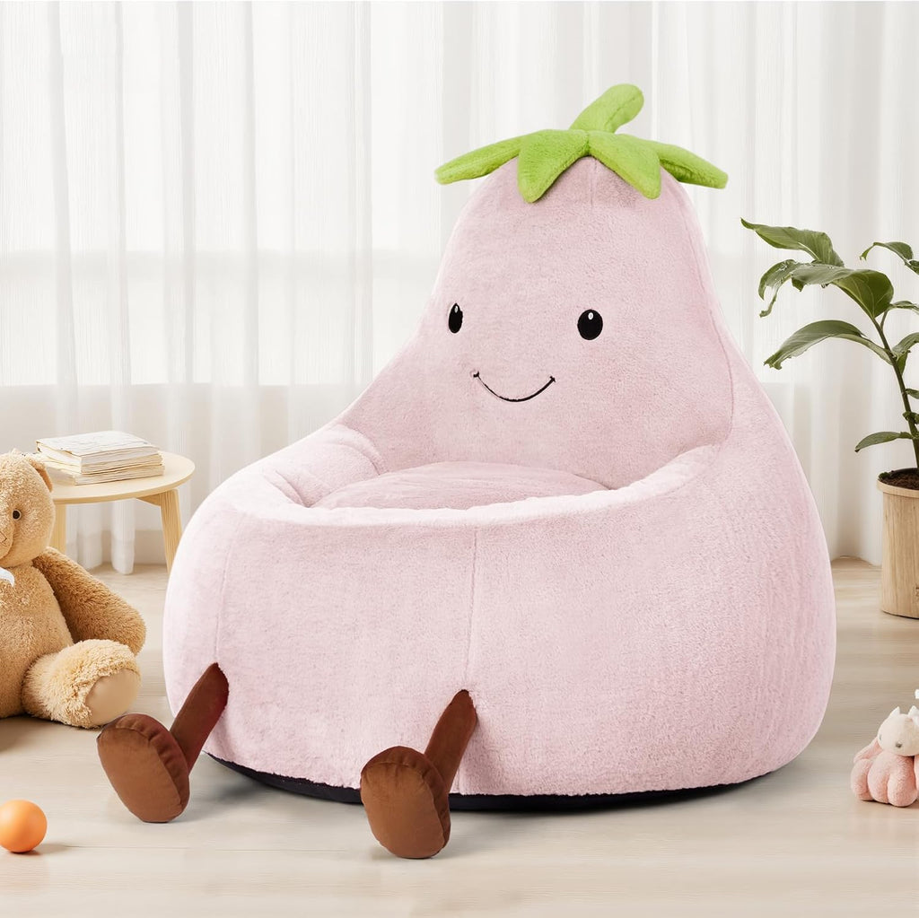 Kids Bean Bag Chair, Stuffed Toddler Couch with Faux Rabbit Fur Cover for Teens & Kids, Comfy Lazy Sofa Chair for Reader, Living Room, Bedroom, Aged 4-12 Years, 24 Inch, Pink