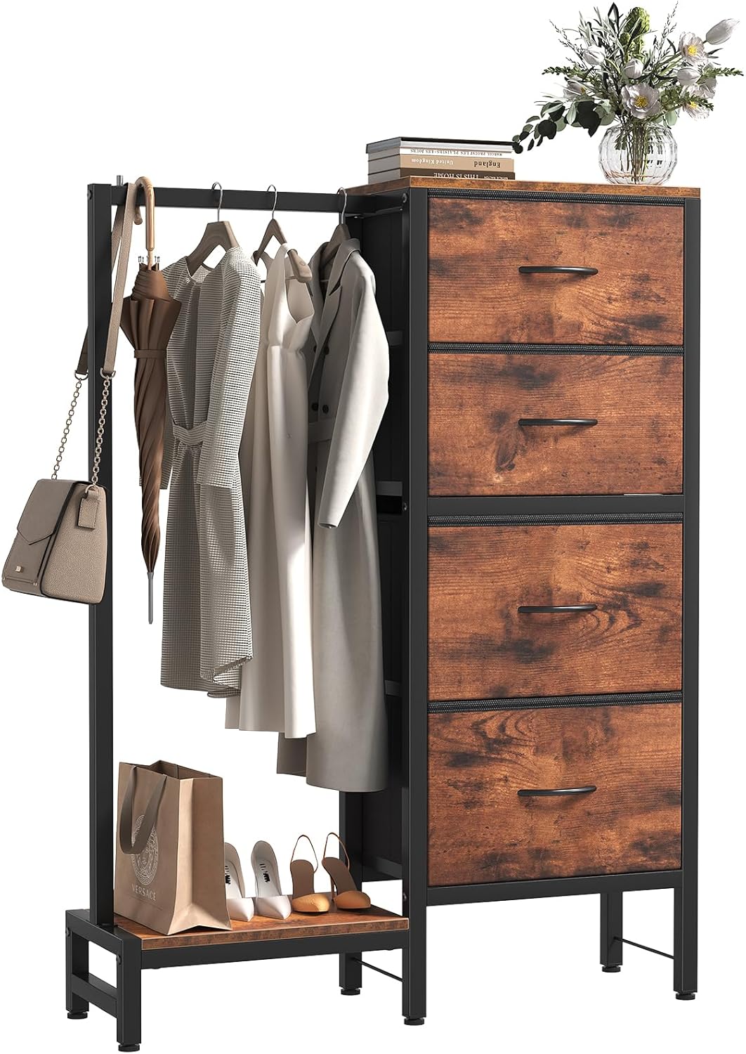 Dresser with Hanging Rack, 4-in-1 Fabric Dresser for Bedroom, Closet Organizer with Clothes Rack, Shoe Rack & Hooks, Tall Storage Tower for Small Spaces, Apartment, Dorm, Rustic Brown