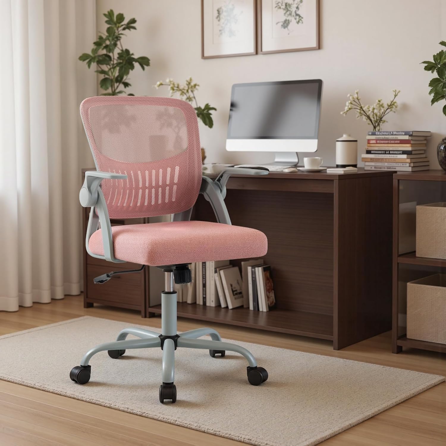 Home Office Managerial Executive Chair, Flip Up Armrest Ergonomic Mesh Adjustable Swivel Mid-Back Computer Desk Chair with Comfortable Lumbar Support, Comfy Arms for Bedroom,Study