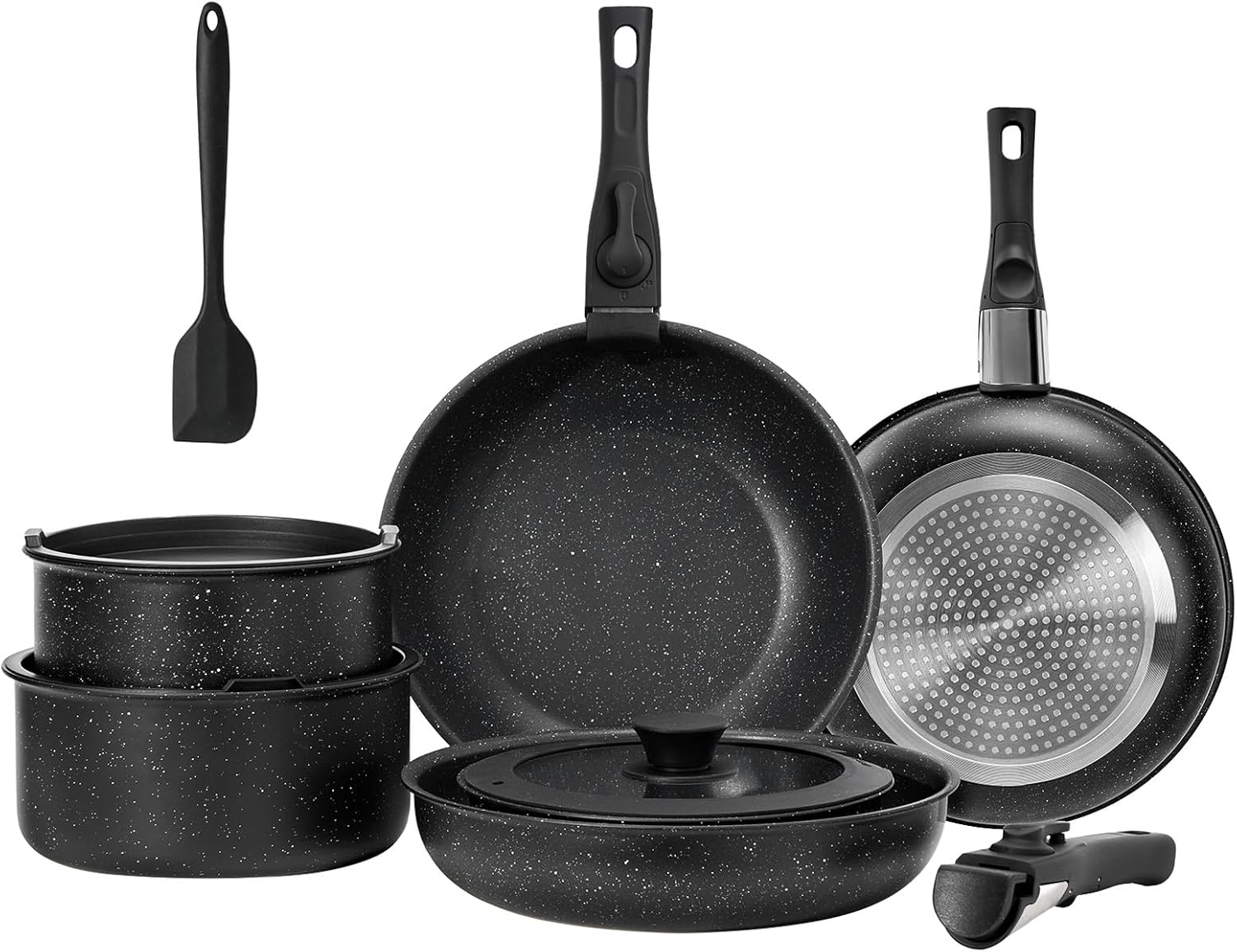 12 Pcs Pots and Pans Set, Nonstick Kitchen Cookware Set, Induction Cooking Sets Detachable Handle, Black