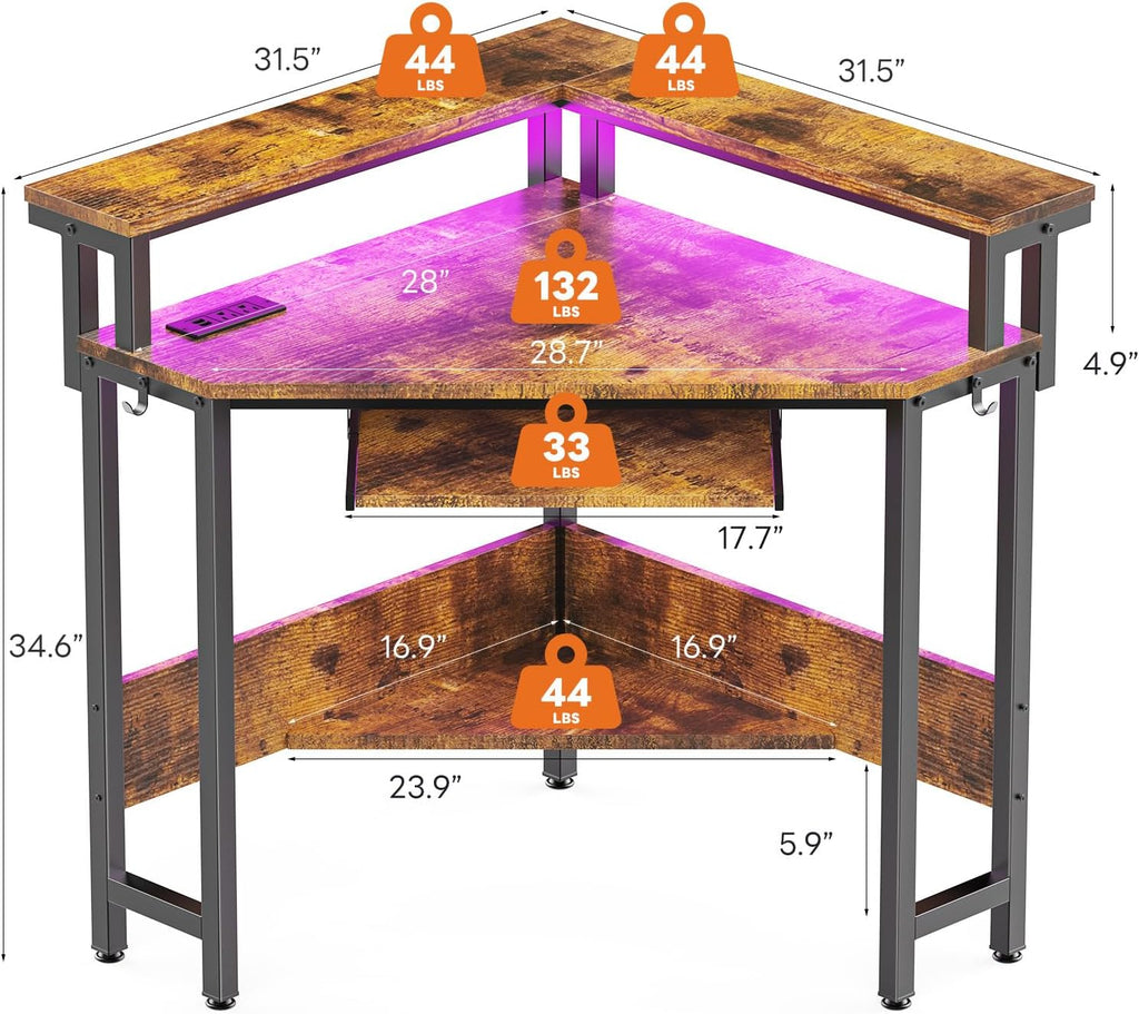 Conner Desk Home Office Computer Desk for Small Space with Storage Shelves Power Outlets Monitor Stand Keyboard Tray for Bedroom with LED Lights Gaming Table, Rustic Brown