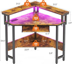 Conner Desk Home Office Computer Desk for Small Space with Storage Shelves Power Outlets Monitor Stand Keyboard Tray for Bedroom with LED Lights Gaming Table, Rustic Brown