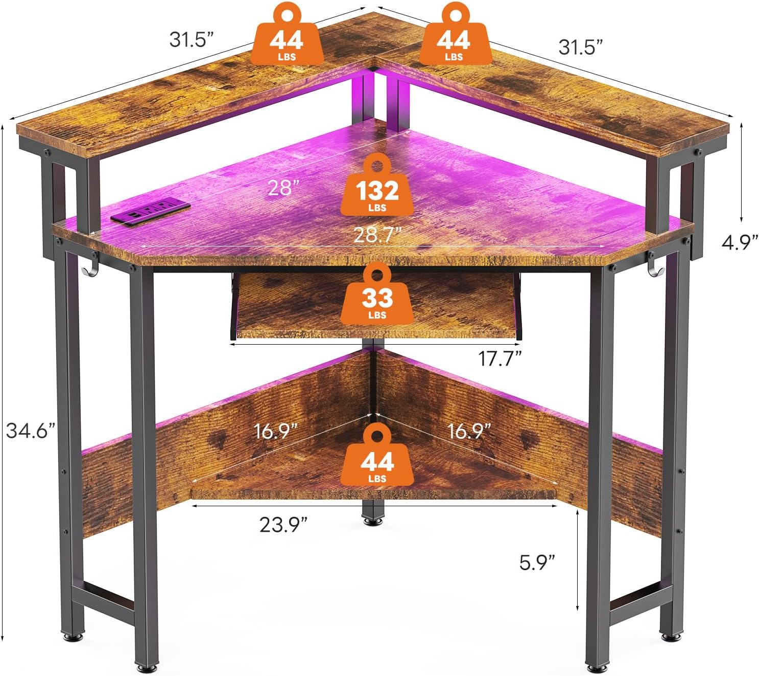 Conner Desk Home Office Computer Desk for Small Space with Storage Shelves Power Outlets Monitor Stand Keyboard Tray for Bedroom with LED Lights Gaming Table, Rustic Brown