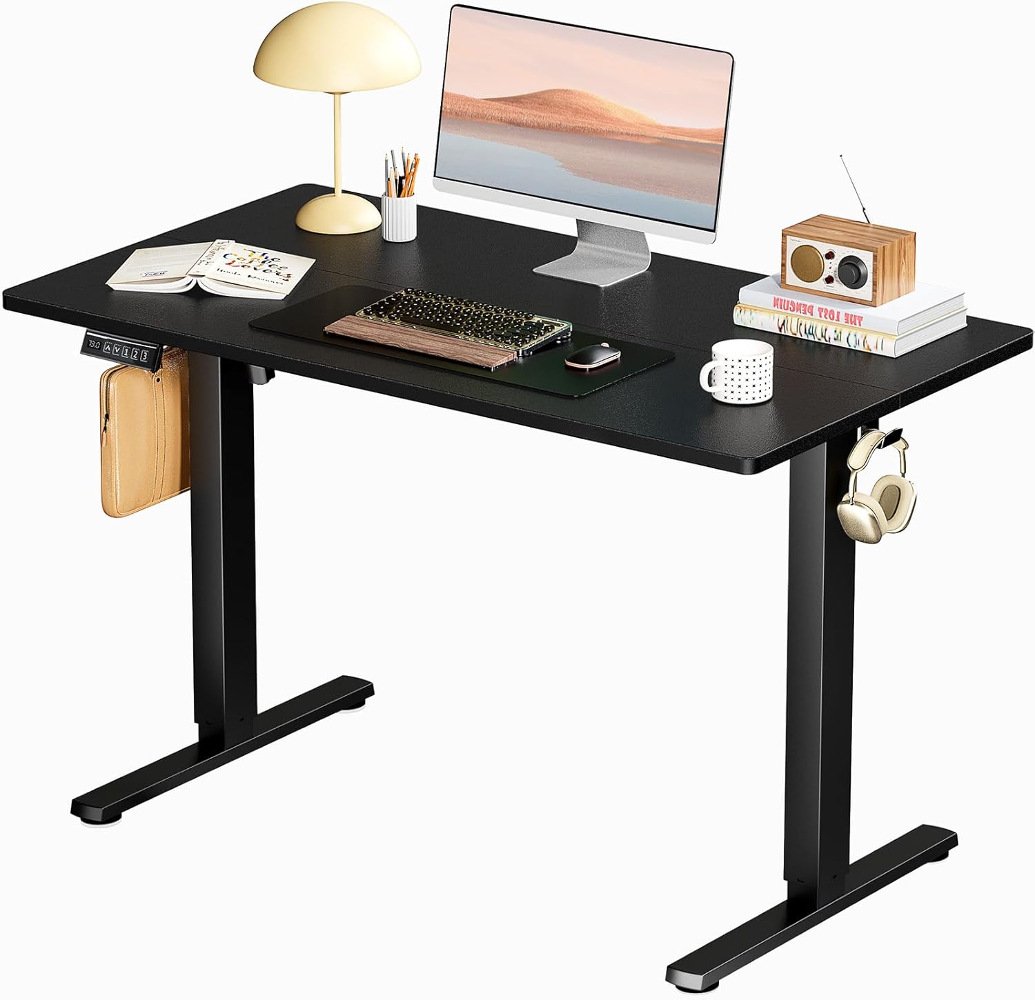 Electric Standing Desk Adjustable Height, 40x24 Inch Sit Stand Up Home Office Desks Memory Computer Workstation PC Work Table with Preset Splice Wood Board Metal Frame, Oak