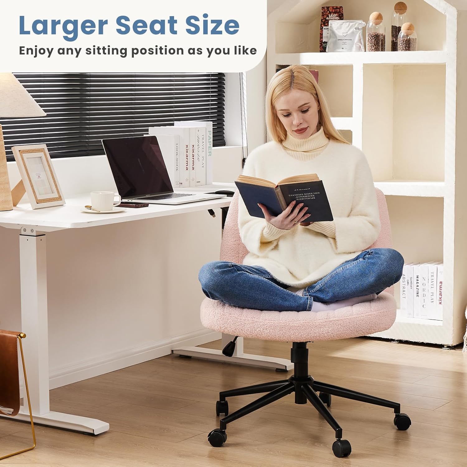 NEWBULIG Armless Office Desk Chair,Criss Cross Legged and Wide Padded Seat with Wheels, Adjustable Height and Tilted Angles,Swivel Rolling Task Vanity Chair for Bedroom,Peach Pink