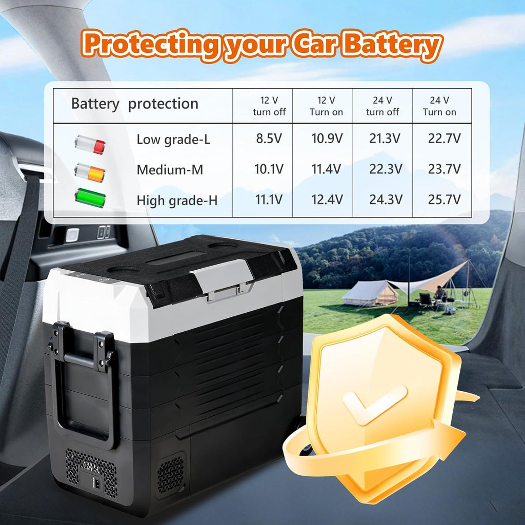 Portable Car Refrigerator, 53QT Dual-Zone Electric Cooler for Vehicles with Wheels & Cutting Board, -4?H-68?H Freezer Smart Control via Bluetooth, Battery Protection, 12/24V DC & 100-240V AC