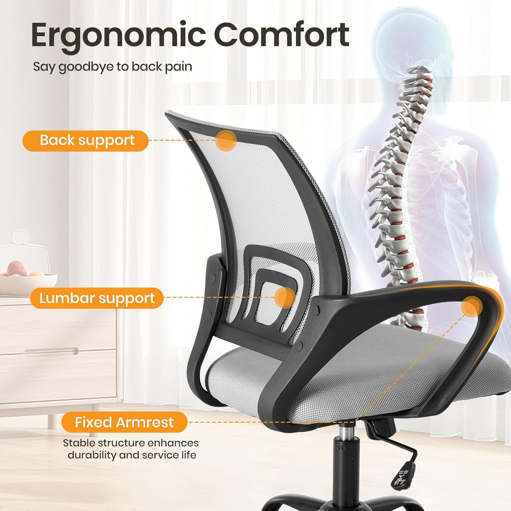 Office Desk Chair - Ergonomic Mid Back with Lumbar Support & Rocking Mode, Height Adjustable with Fixed Armrest, Storage Back for Computer, Gaming, Conference, Meeting Room, 360?? Swivel, Grey