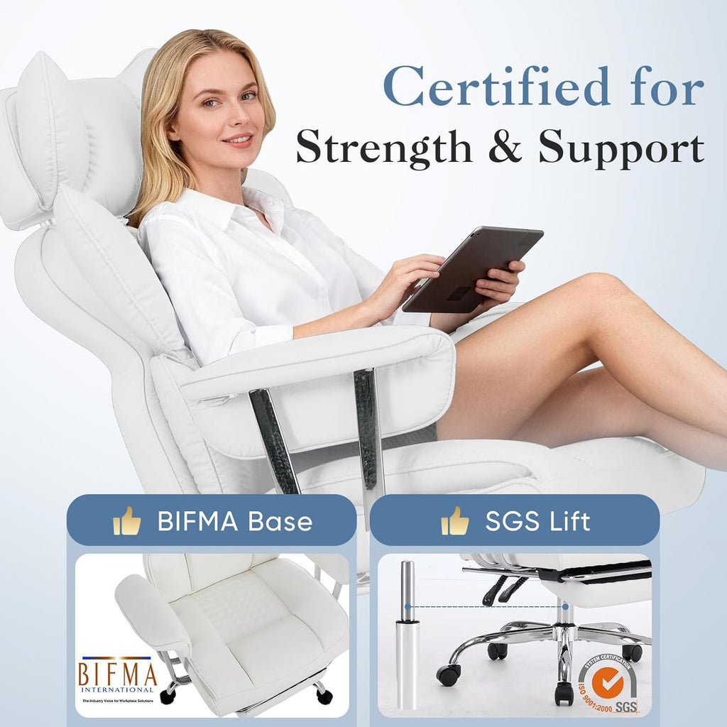 Big and Tall Office Chair 350 LBS, Scratch-Resistant PU Leather Executive Office Desk Chair with Footrest, Ergonomic Reclining Computer Chair with Pocket Spring Support for Home Office, White