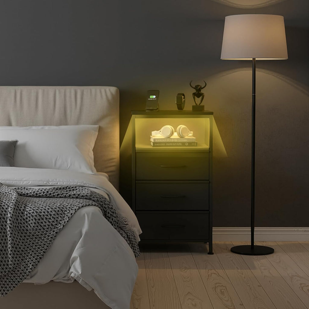 Nightstands Set of 2 with Charging Station, Bedside Table with USB Ports & Type-C, 2 Fabric Drawers Night Stand with Open Shelf, Compact End Table for Bedroom, Rustic Brown
