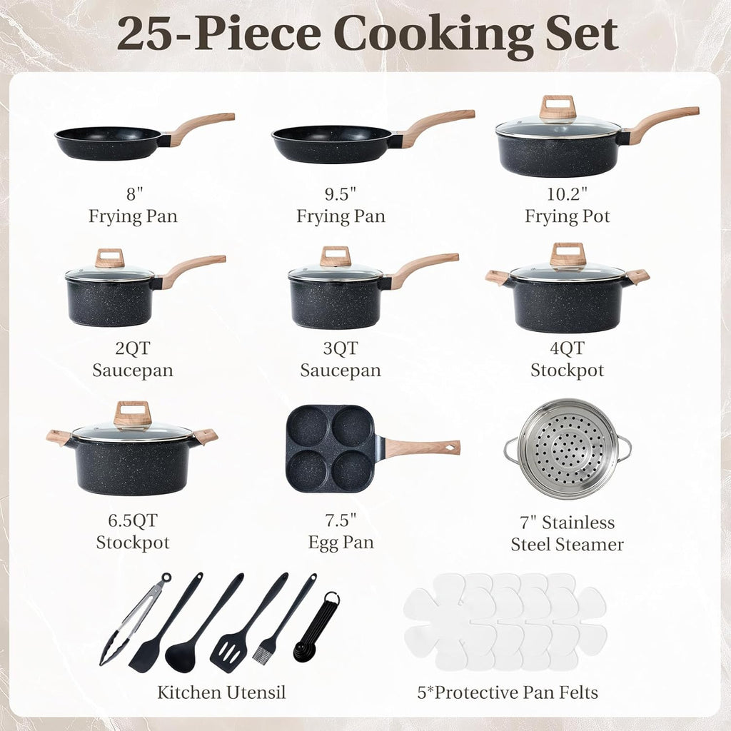 25 Pcs Pots and Pans Set, Nonstick Kitchen Cookware Set, Induction Cooking Sets with Stay-Cool Handles, Deep Black