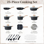 25 Pcs Pots and Pans Set, Nonstick Kitchen Cookware Set, Induction Cooking Sets with Stay-Cool Handles, Deep Black