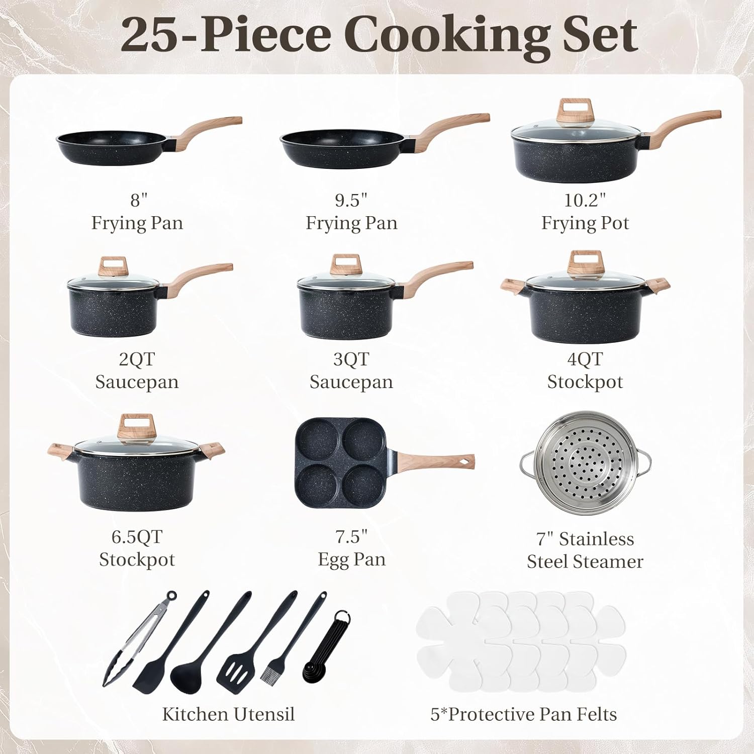 25 Pcs Pots and Pans Set, Nonstick Kitchen Cookware Set, Induction Cooking Sets with Stay-Cool Handles, Deep Black